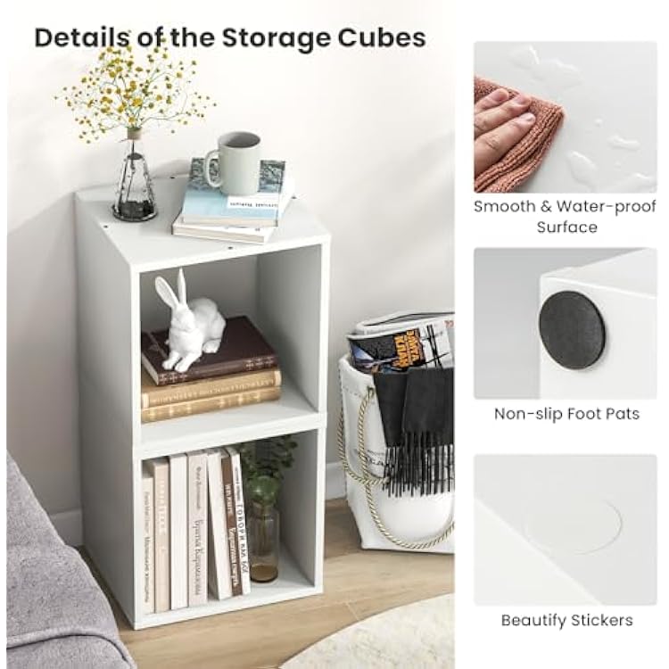 2 Stackable Cubes Bookcase, Wooden Cubby Storage Organizer with Anti-Tipping Device, Small Book Shelf for Small Space, Combination Square Bookshelf Cubes (1, White)