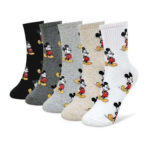 Mickey Mouse Crew Socks Collection, Multi Pairs, Athletic Striped Design, White Black Pink Beige