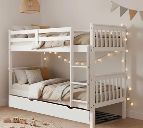 Genérico MUEBLESYA-Litera Madera Convertible Dos Camas Blanco-Litera Doble Juvenil de Pino Macizo-litera 90 cm x 190 cm Blanca (con Cama Nido)