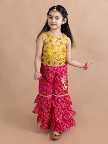 Pspeaches Girl's Cotton Kurta & Sharara (Sha-Magnta Bandhej-5_Magenta