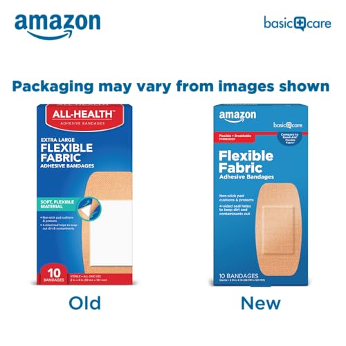 Image of Amazon Basic Care Flexible Fabric Adhesive Bandages, XL (2 in x 4 in), Non-Stick Pad for Cuts & Scrapes, 4-Sided Seal, 10 Count (Pack of 3)