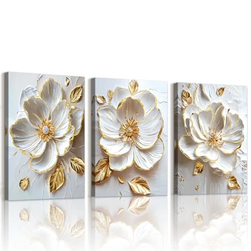 WENGTIAO 3 Pièces Fleurs Pivoines Blanc Or Tableau Decoration Murale Encadré Toile Peinture Minimaliste Abstraite Fleurs Decoration Murale Salon Maison Deco...