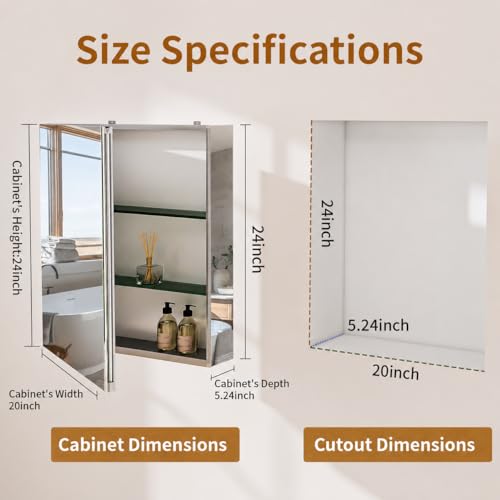 Botiquín para baño BEAUTYPEAK de 20" x 24" con espejo y almacenamiento | Botiquín plateado con puerta única y estantes ajustables para vanidad, vidrio templado, superficie de aluminio, montaje en pared o empotrado miniatura 2