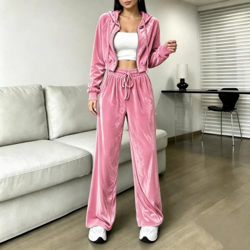 Velour Tracksuit Womens Y2K 2 Piece Jacket Wide Leg Pants Velvet Sweatsuit - image 4