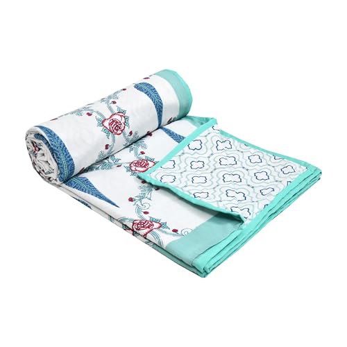 Image of BLOCKS OF INDIA Hand Block Printed Cotton Single Size Reversible Malmal Dohar for Summer (Turq Patti)