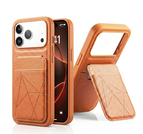 Image of amazon basics Premium Vegan Leather Back Cover with Card Holder and Integrated Mobile Stand for iPhone 17 Pro - Slim Shockproof Wallet Case with Geometric Stitching [Tan]
