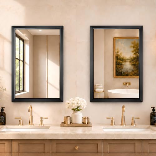 Image of USHOWER 2 Pack 24x32 Inch Brushed Black Bathroom Mirror for Over Sink | Beveled Aluminum Frame Vanity Mirror, Anti-Rust, HD Reflection, Shatter-Proof Protection, Modern Rectangle Mirror