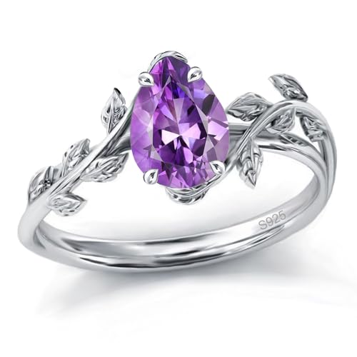 Wasee February Birthstone Ring 925 Sterling Silver Amethyst Ring Pear Shaped Leaf Promise Ring for...