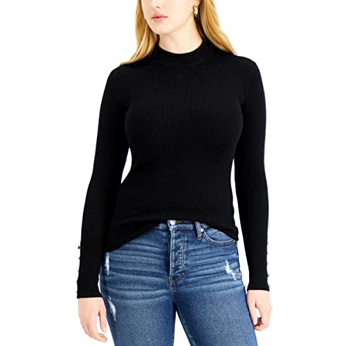 Guess Women's Long Sleeve Brea Button Cuff Rib Mock Neck Sweater, Jet Black, Large #TOP17