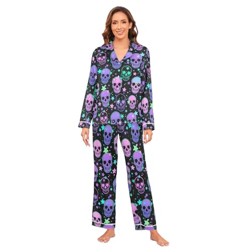 Human Skulls Stars - Conjunto de pijama de satén para mujer, manga larga, clásico, 2 piezas, diseño de calavera del Día de los Muertos, tallas S-XXL, multicolor, L