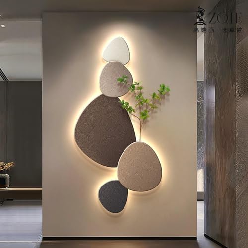 KEJIAWU 3D LED Wall Art Decor with Stone Design, Plug-in Power Supply LED Wall Hanging Mural, Relief Decorative Painting, for Living Room Entrance Corridor Office(Brown,47in)