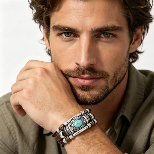 Pulsera de cuero multilayer vintage para hombre miniatura 6