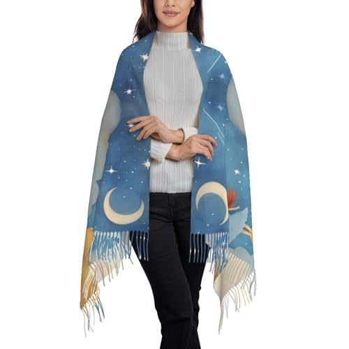 Girl Under The Stars Print Tassel Scarf - Stylish And Cozy Accessory For Spring, Autumn, And Winter, 78" * 28"2