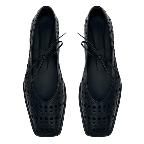 Image of Ballet Flats for Women Lace Up Bow Square Toe Mary Janes Cute Ballerina Shoes Slip On Comfortable Elegant Dress Shoes