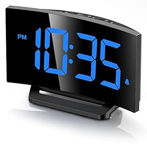 Digital Alarm Clock for Bedrooms, Digital Clock with Modern Curved Design, Conspicuous Blue LED Numbers, 6 Levels Brightness, 2 Volume, 3 Alarm Tones, Snooze, Power-off Memory, 12/24H, Bedside Clock