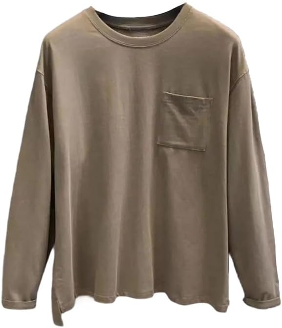 Simple and Comfortable O-Neck Men's Fall Retro Patchwork Pocket Chic Solid Casual Long Sleeved Tops