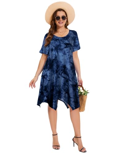 Image of ZENNILO Plus Size Tshirt Dress with Pockets Casual Summer Dresses Crew Neck Short Sleeve Swing Dress for Women