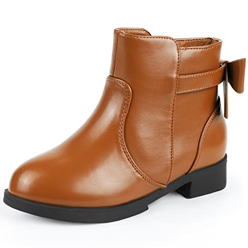 PANDANINJIA Polly Girls Boots Toddler Kids Ankle Boots Dress Short Bow Booties with Side Zipper (Brown Pu, 13 M US Little Kid)