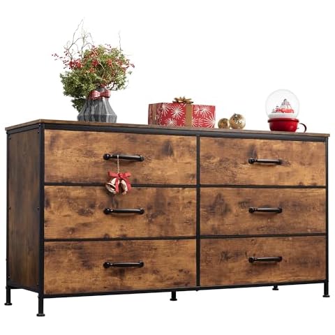 WLIVE Wide Fabric Dresser, 6 Drawer Dresser TV Stand for 60" TV, Dressers Bedroom Furniture Large Storage Tower Unit with Fabric Bins, Dresser for Bedroom, Closet, Hallway, Rustic Brown Cover