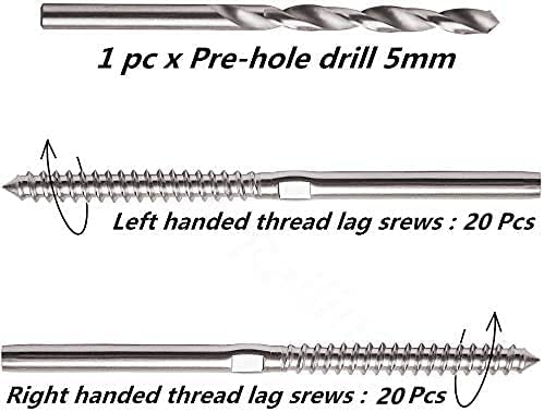 Stainless Steel Right&Left Handed Thread Swage Lag Screws for Wood Post of 1/8" Cable Railing Kit,Decking Railing Hardware,DIY Baluster Kit T316 Marine Grade (20 Pair) - Image 3