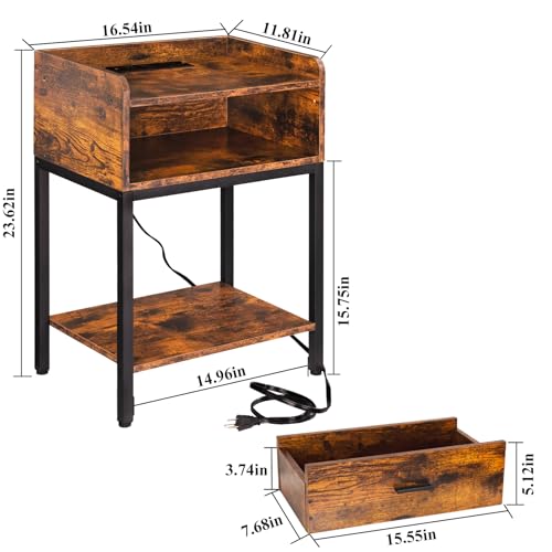 Lerliuo Nightstand with Charging Station and USB Ports, 3-Tier End Side Table with Storage Drawer and Shelf, Modern Bedside Night Stand for Bedroom, Living Room- Retro Brown