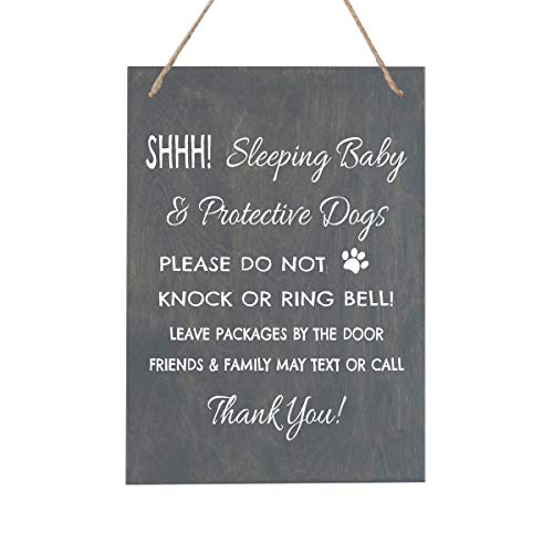 Image of LifeSong Milestones Sleeping Baby Protective Puppies Baltic Birch Rope Hanging Sign for Front Door - Do Not Knock or Ring Doorbell - Quiet Entry for House New Home Decor - 8x10 (Grey)