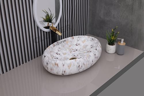 Image of CLUSTER Designer Glossy Ceramic Table Top Wash Basin For Bathroom | Countertop Bathroom Sink For Livingroom, Resturant Decor, Oval Shape (24 x 16 x 6 inch)