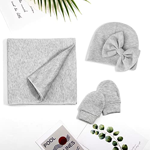 Image of AQOKKA Baby Swaddle Blankets with Bow Hat Mittens Set Infant Receiving Blankets Swaddles for Newborns Unisex Toddler Swaddle Wrap Sets for Baby Girls Boys Nursery Warm Shower Gift