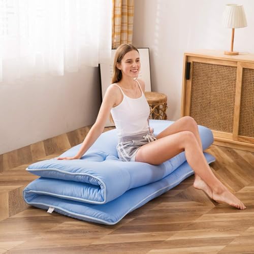Image of MAXYOYO Japanese Floor Mattress Futon Mattress, Thicken Sleeping Pad Foldable Roll Up Floor Futon for Adults Tatami Mat Dormitory Lounger, Dusty Blue, Full Size