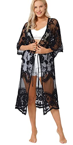Image of marysgift Black Dress for Women Beach Coverups Lace Kimono 3/4 Sleeve Floral Print Bohemian Beachwear Bikini Cover Up Long See Through Lace Cardigan Black A00102*