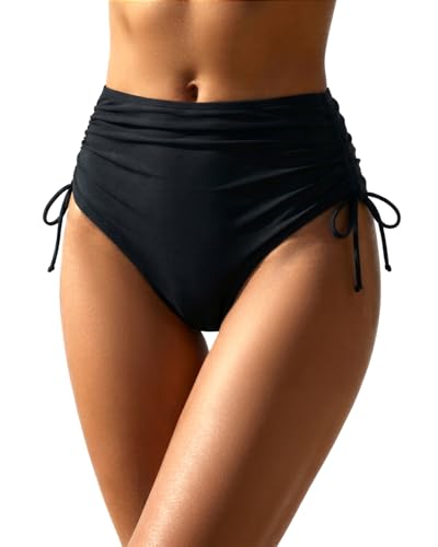 Image of Holipick Women's High Waisted Bikini Bottom | Tummy Control Ruched, Full Bum Coverage, Full Lining, Adjustable Drawstring Tie Side, Swimming, Beach