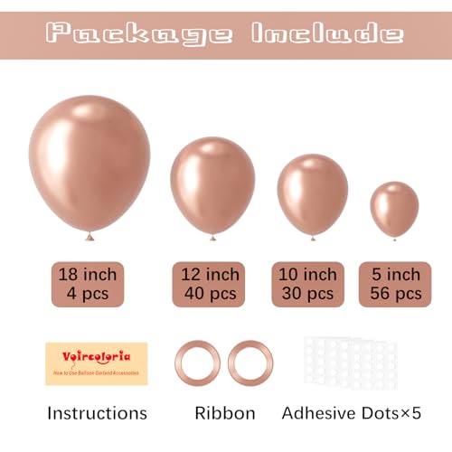 Image of Voircoloria 130pcs Metallic Rose Gold Balloons Different Sizes 18 inch 12 inch 10 inch 5 inch Chrome Rose Gold Balloon Garland Arch Kit for Graduation Birthday Baby Shower Wedding Anniversary Party Decorations