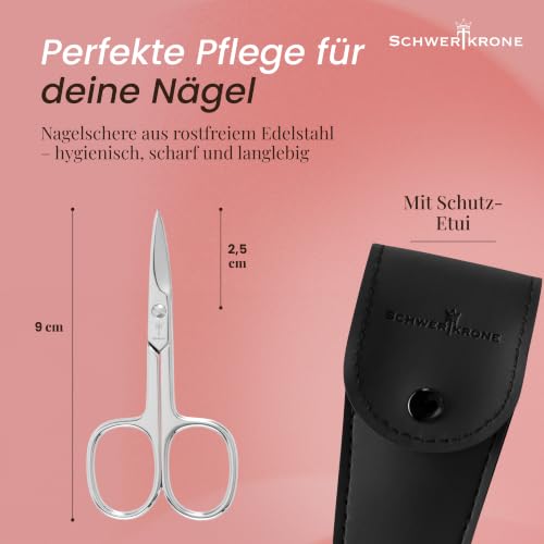SCHWERTKRONE® Nagelschere [MADE IN GERMANY] - Hochwertige Fingernagelschere mit Nagelscheren Etui - Nail Scissors - Maniküre Schere Gebogen - Nagelhautschere extra Fein & Scharf