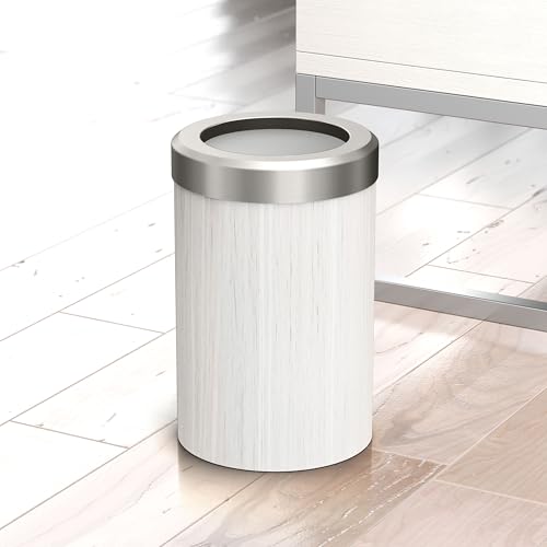Image of Gatco Small Bathroom Trash Can with Lid, Round 3 Gallon Wastebasket, Under Sink, White Oak with Satin Nickel, for Bathroom, Bedroom, Office (1932SN)