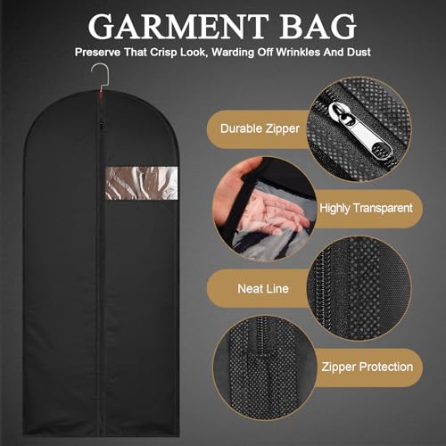 62-Inch Garment Bags Covers,Hanging Clothes Bag, Suit Cover Bags with Clear Window for Hanging Closet Clothes Storage and Travel (Black) - Thumbnail 5
