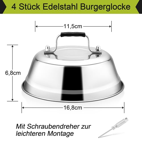 Joyfair Burgerglocke, 4 Stück Edelstahl Burger Glocke mit Gummigriff, Schmelzglocke mit Schraubenzieher für Grill, Steak, Käse, Teppanyaki, Außen & Innen, Schwerlast & Spülmaschinenfest - 16,8 x 6 cm