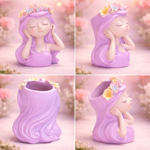 Image of Cute Beautiful Purple Girl Resin Succulent Planter Flower Pot Handicrafted Indoor Outdoor Flower Pot Handicraft Planter, Plant Container Set