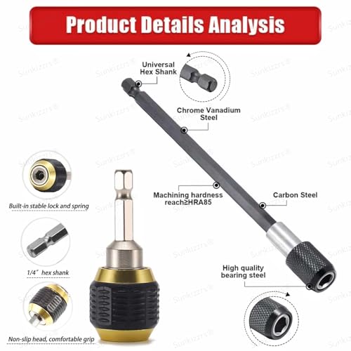 Image of Sunkizzrs 3-Pcs Magnetic Bit Holder 1 /4 inch (6.35mm) Hex Shank - Quick Release Screwdriver Extension Bar - 60+100+150mm Length Self-Locking Drill Bit Holder for Handheld Drivers or Power Drill
