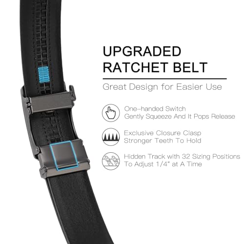 Men's Black Genuine Leather Belts, Automatic Ratchet Buckle Belt, Dress Casual, Trim to Fit, Gift Box3