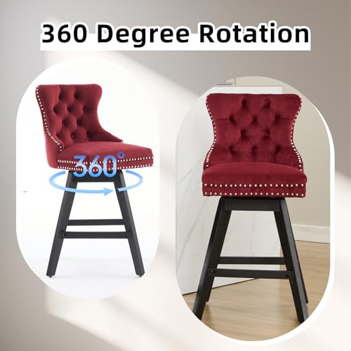 Butacos de terciopelo burdeos, giratorios, para isla de cocina | Altura del asiento: 26 pulgadas; respaldo acolchado; patas de madera maciza; remate con clavos decorativos; butacos modernos tapizados; fácil ensamblaje; juego de 2 miniatura 4