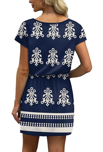 Image of OFEEFAN Summer Dresses for Women 2026 V Neck T Shirt Casual Mini Dresses Tie Waist Sundresses with Pockets