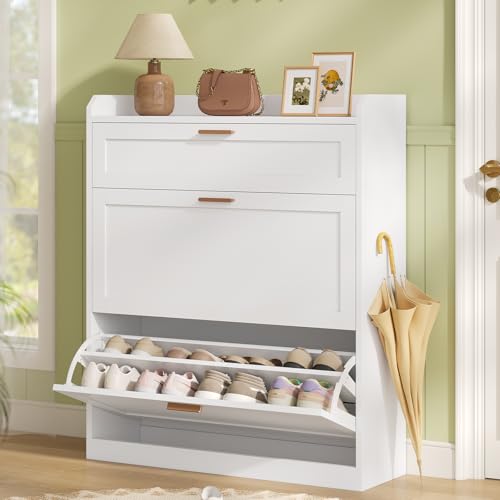 KIMENICH Armario para Zapatos con 2 Solapas, 1 Cajón, Zapatero Estrecho, Separador Ajustable, para 12-16 Pares de Zapatos, Pasillo, Entrada, 24 x 80 x 104 cm, Blanco