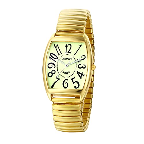 JewelryWe Reloj para Hombre, Reloj de Cuarzo para Hombre de Simple y Claro, Luminoso, Gran Número, Escala, Barril de Vino, Esfera Cuadrada, Fuerte Correa Elástica, Oro