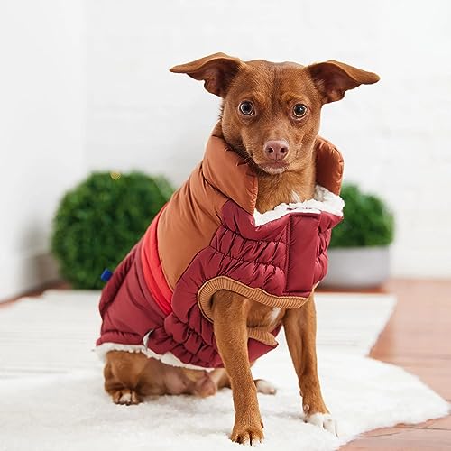 Elasto-Fit Classic Puffer Dog Jacket - Quilted Winter Pet Coat with Adjustable Straps, Waterproof Insulated Dog Outerwear for Small Medium Large Dogs, Easy On Off Design - Dark Red, Small