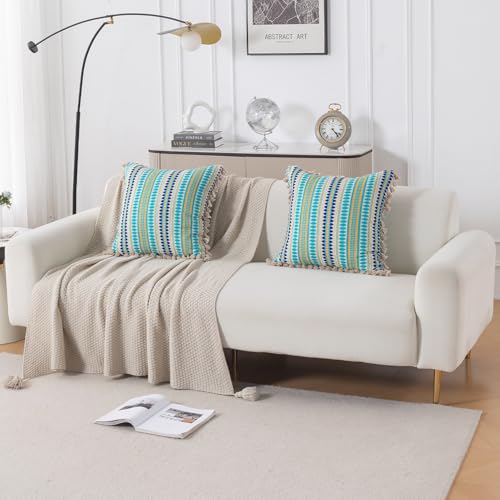 Image of HOKIPO 'Artisan Boho Series' Sofa Cushion Covers | 450 GSM Cotton Acrylic Jacquard | Tassel Design | 22x22 Inch (55x55 cm) | Pack of 2, Aqua Blue (IN-906-A4*2)