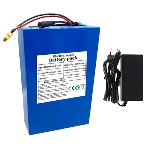 HTDRE Batería de Iones de Litio para Bicicleta eléctrica de 52 V, 75 Ah, 14S7P, con Cargador y protección BMS integrada, Ideal para Motor de Bicicleta eléctrica de 200 a 1500 W, Enchufe XT60.