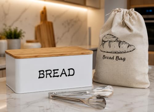 BreadStorage Container with bamboo cutting bord,stainless steel tongs, and linen Bread Bag–Farmhouse Bread Boxes for Kitchen Counter Airtight – Metal 