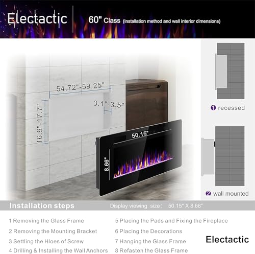 Image of Electactic 60 Inch Electric Fireplace Insert Ultra-Thin - Recessed & Wall-Mounted Fireplace Heater with Thermostat, Adjustable Flame, Remote Control - Linear with Timer, Touch Screen, 750 /1500W