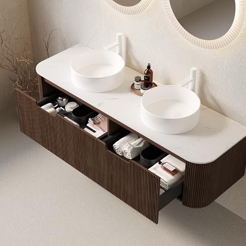 Image of KEIKI 60 inch Floating Bathroom Vanity with Sink, Double Basin Wall Vanity Cabinet with Curved Edges, 2 Soft-Close Drawers, Pre-Assembled Bathroom Storage Vanity, Walnut