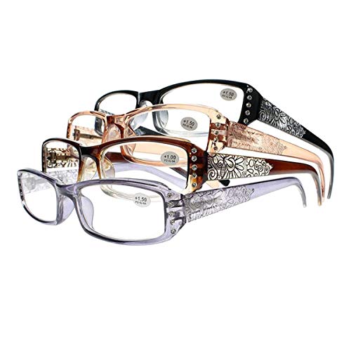 New Women's 4 Colors Spring Hinges Rhinestone Flowers Leaves Prints Reading Glass +1.0 ~ +4.0 (Set of 4 Colors, 2.5), Medium